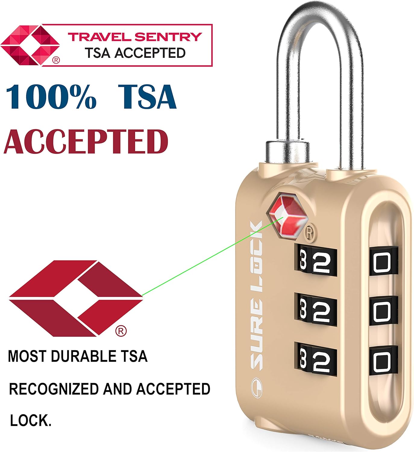 SURE LOCK TSA Approved 3 Digit Luggage Locks with Zinc Alloy Body and Hardened Steel Shackle to Lock Travel Suitcase (Champagne Gold 2 Pack) : Clothing, Shoes & Jewelry
