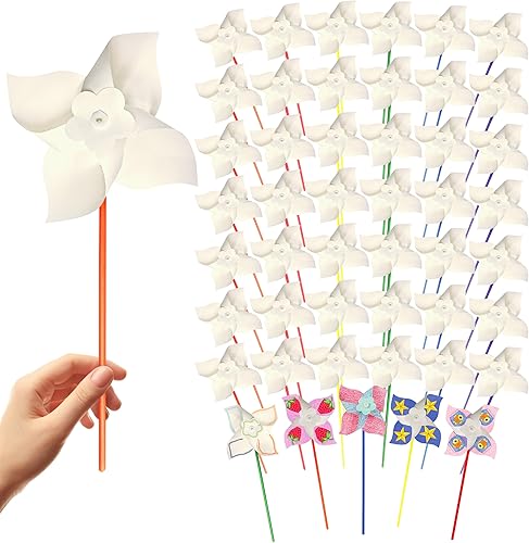 Miniatura 9 de 4E's Novelty Paquete de 24 molinetes de bricolaje para niños, kit de manualidades de molinete de verano a granel, colorea tu propio molino de viento