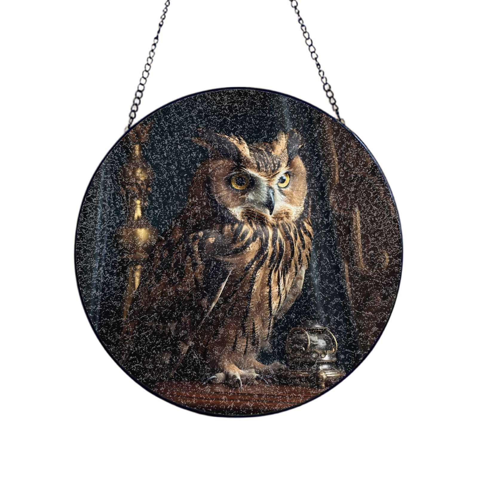 Phayah Owl In The Dark Print Glass Window Hanging Sun Catchers Suncatcher Decor For Birthday For Home Garden Porch 12in（30cm）