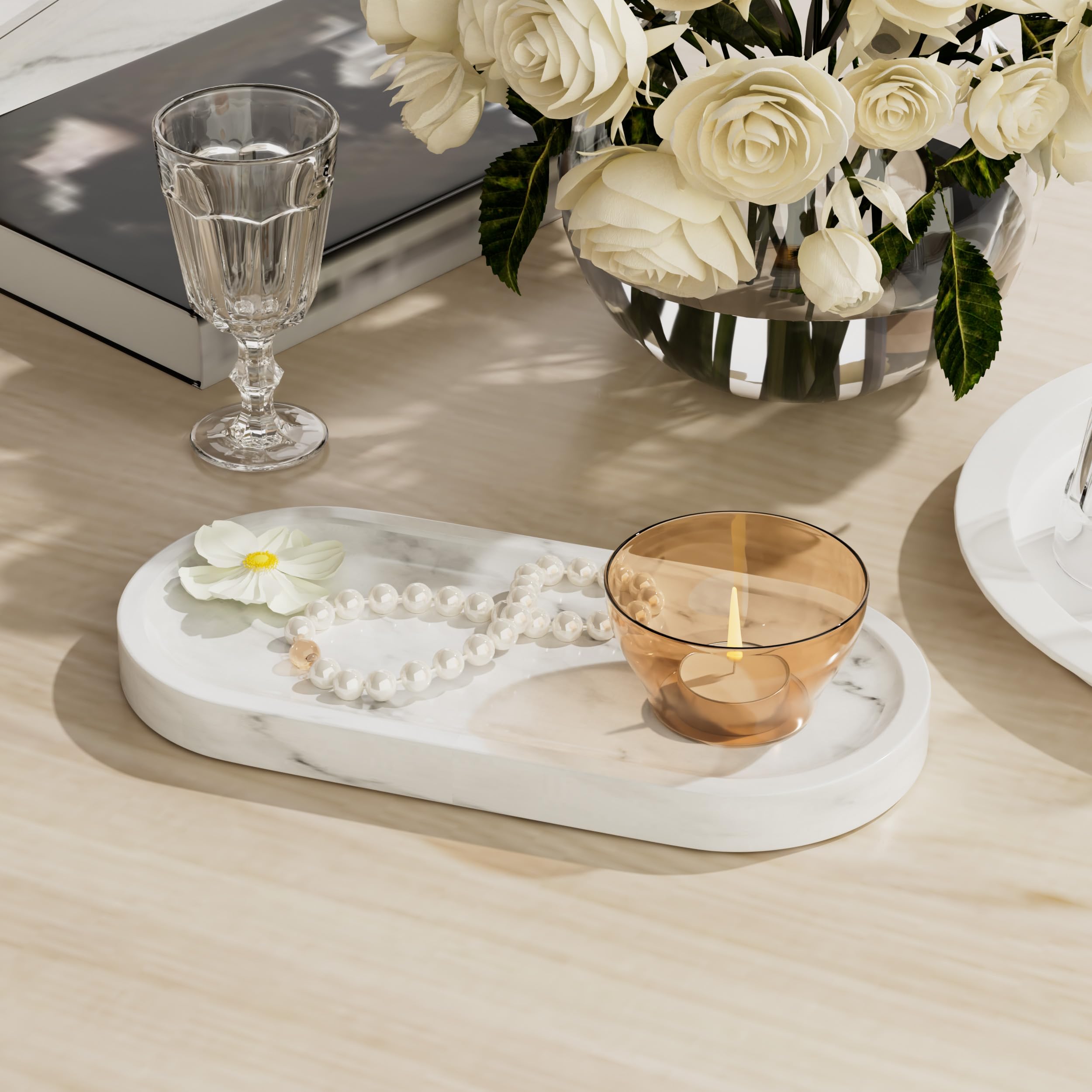 Plateau Decoratif Elliptique en Marbre,25x12x1.8cm,Blanc Carrara