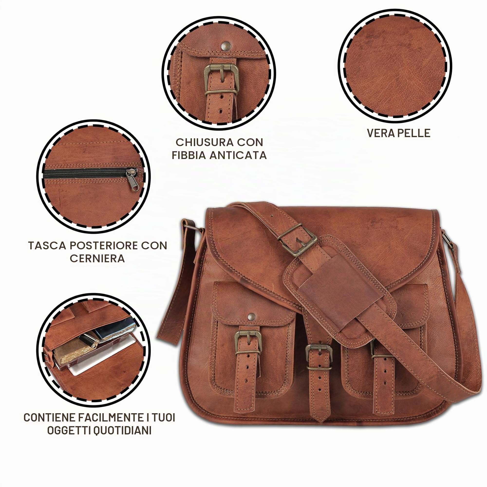 KPL - Borsa da donna, a tracolla, modello postina, da viaggio, in vera pelle, 35,5 cm, Marrone chiaro., L, Tote