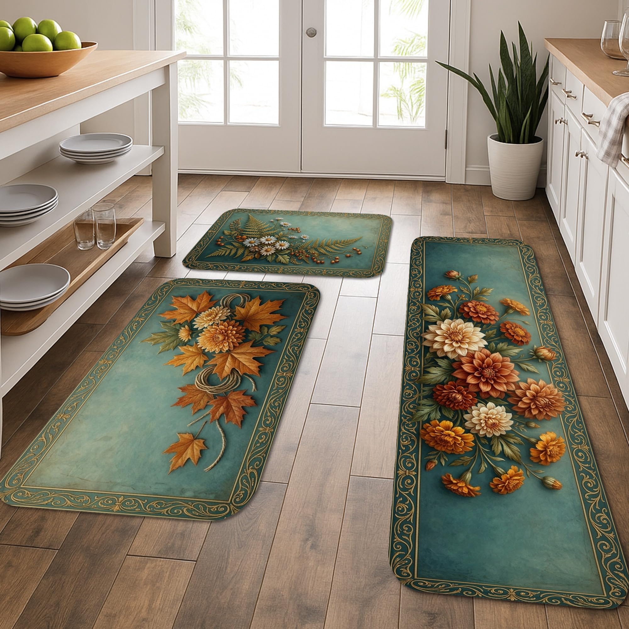 Tapis de cuisine lavable et doux lot de 3 tapis de sol rembourré bleu