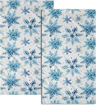 Winter Snowflake Hand Towels Set of 2, Christmas Blue Snow Soft Absorbent Towel Washcloths for Kitchen Bathroom Hotel Gym Spa New Year Xmas Holiday Decor