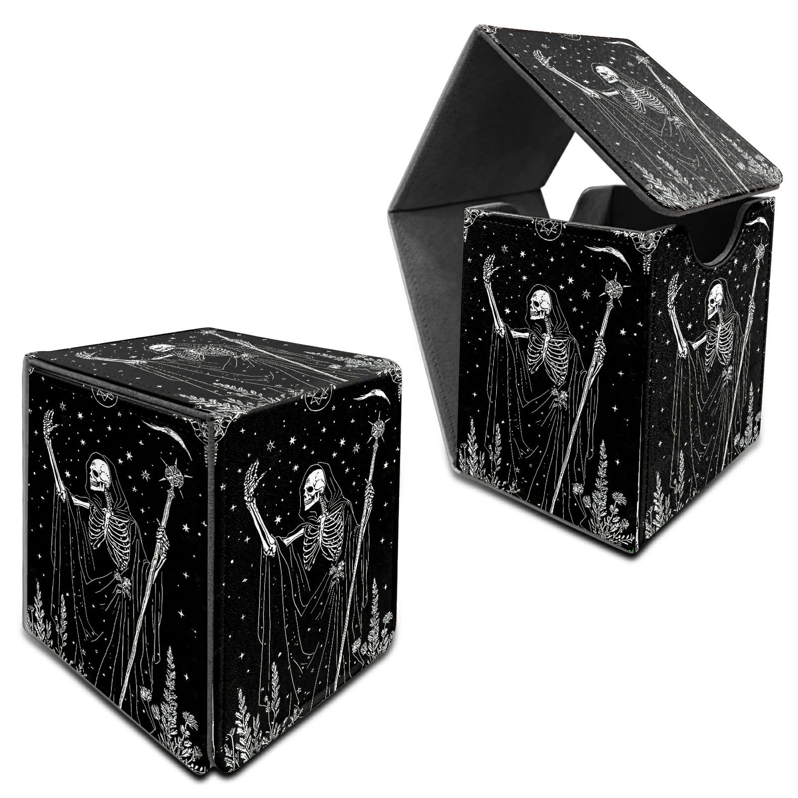RWUTYTIUL Deck Box for MTG, Cards Storage Box Fits 120+ Sleeved, Leather Medium Size Strong Magnetic Closing Card Case for Board Games Magic TCG CCG Baseball Collection, Black Skull Axe