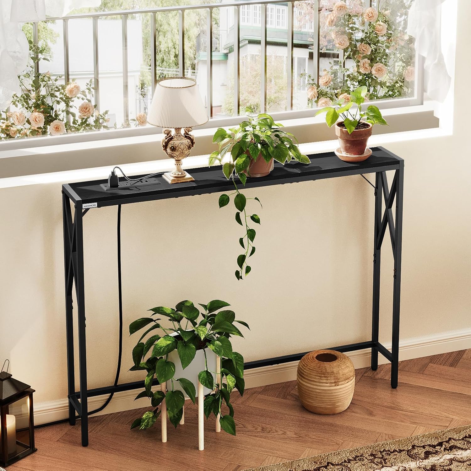 MAHANCRIS 39.4” Narrow Sofa Table with Charging Station, Skinny Console Table, Slim Entryway Hallway Couch Table, for Entrance, Foyer, Living Room, Hallway, Black CTHB151E01