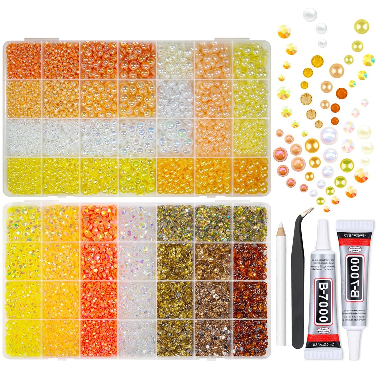 qiiipi 2 Big Boxes Yellow Resin Pearls and Rhinestones w B7000 Glue for Bedazzling Crafting Flatback Stones Gems Diamonds Half Pearls Bedazzler Kit