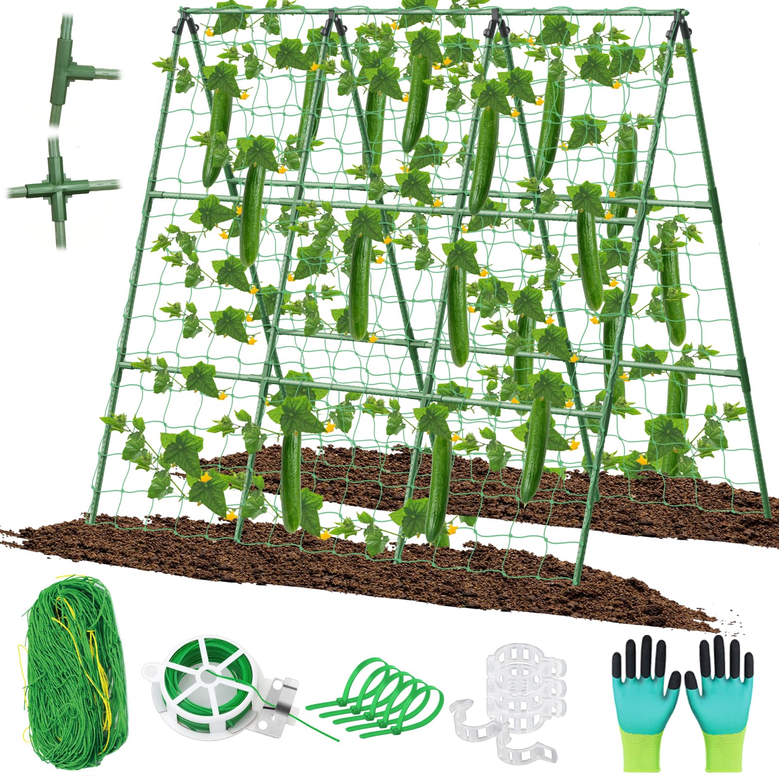 Cucumber Trellis for Raised Beds, 45 x 53 Inch Adjustable Size A-Frame Garden Trellis for Climbing Plant Outdoors with Climbing Net and Plant Support Clip for Vegetable Grape Tomato Bean Pea