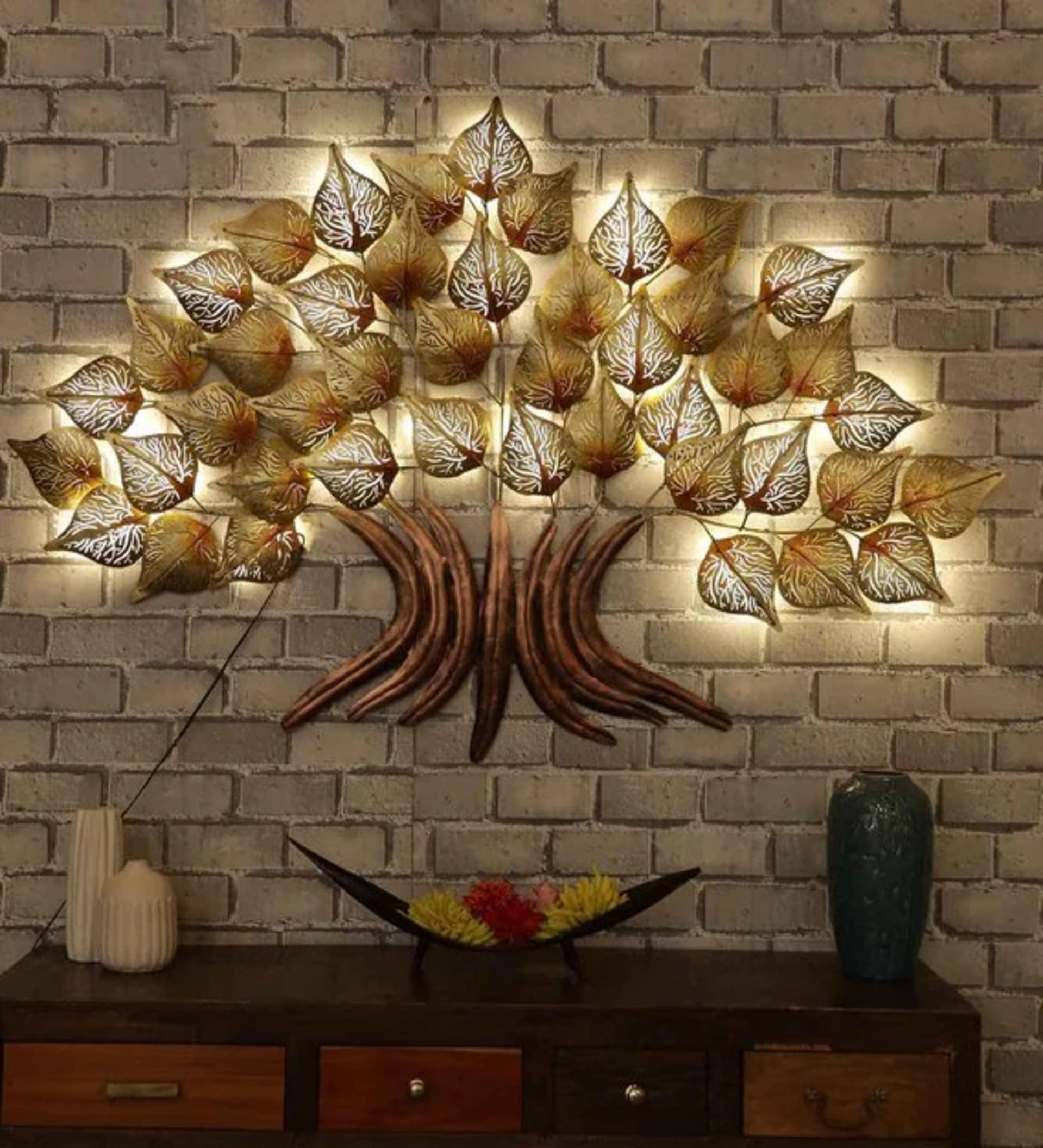 SUNTOWN Wrought Iron Piple Tree Wall Decor With LED Decorative Showpiece Wall Decor for Living/Drawing/Bedroom/Hotel/Restaurant/Home/Office/Gift/60 * 3 * 36 In
