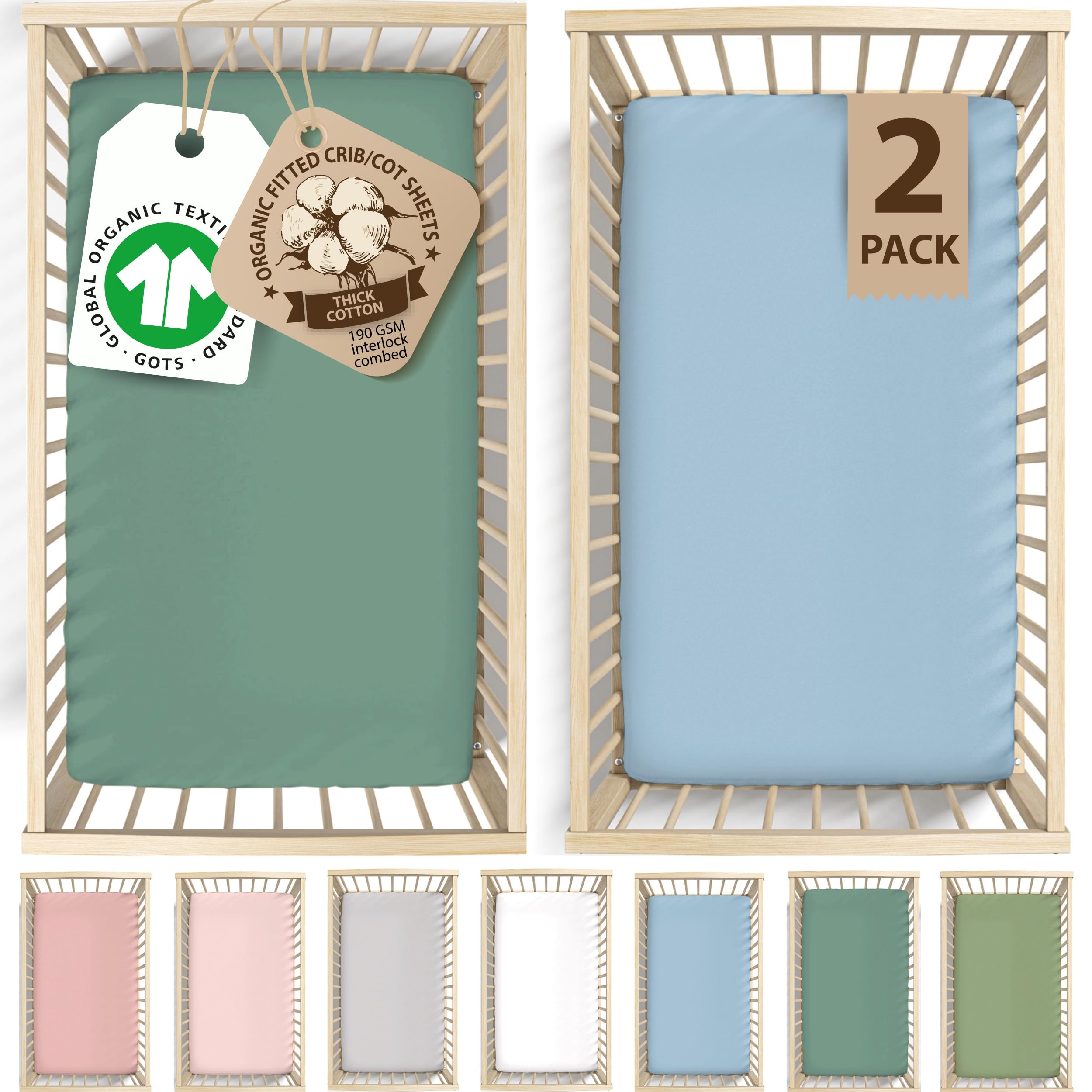 GOTS Organic 2 x Cot Sheets 120x60 Fitted - Cozy & Luxurious – 190GSM Organic Cotton - Baby Cot Sheet - 100% Organic Combed Cotton Baby Bedding - Cot Bed Sheets 60 x 120 — view 17