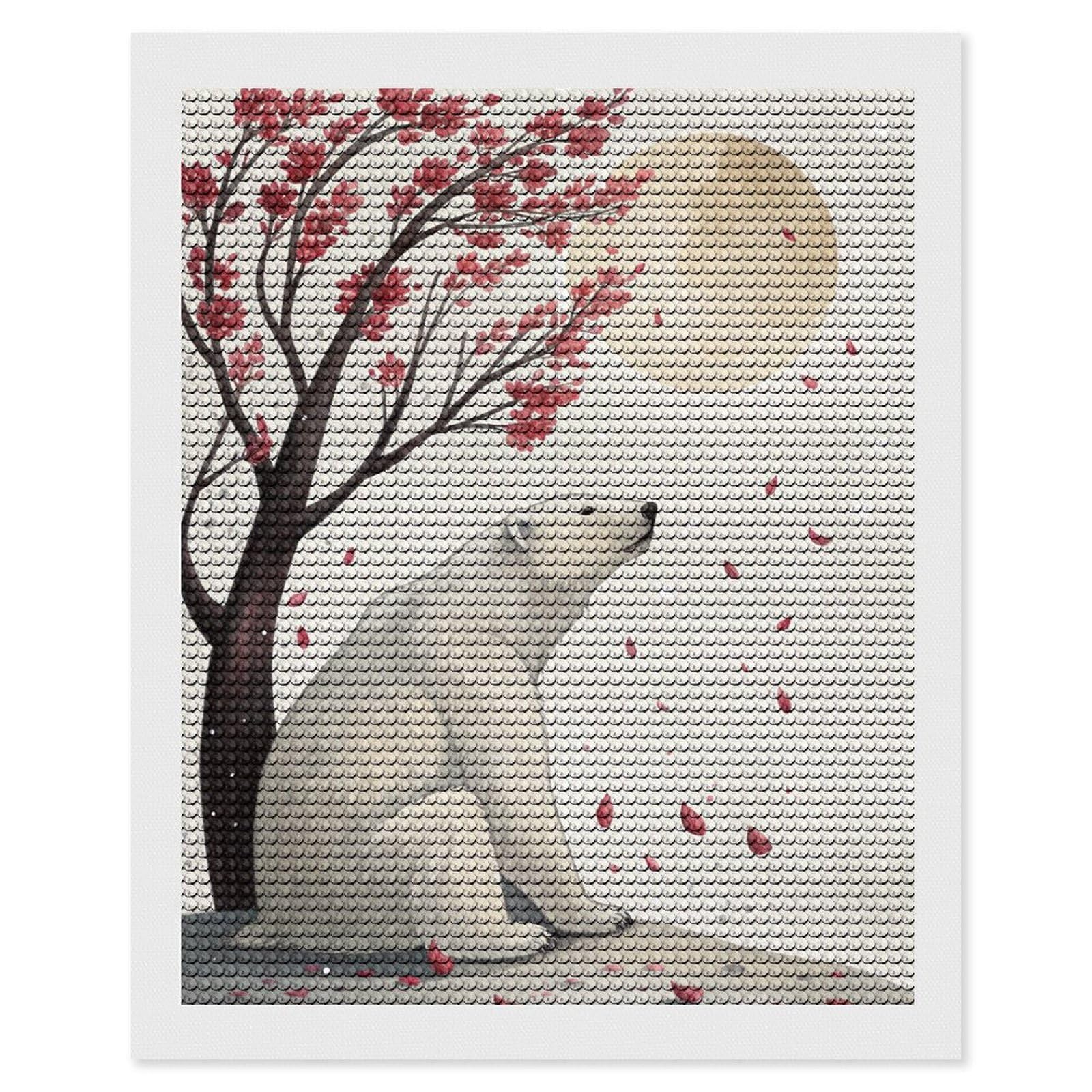 Junmoney Polar Bear Under Cherry Blossoms Diamond Art Kit 16"x20", Modern Decor, Farmhouse Decor, Home Wall Art, Festive Craft Gift, Handmade Wall Decor