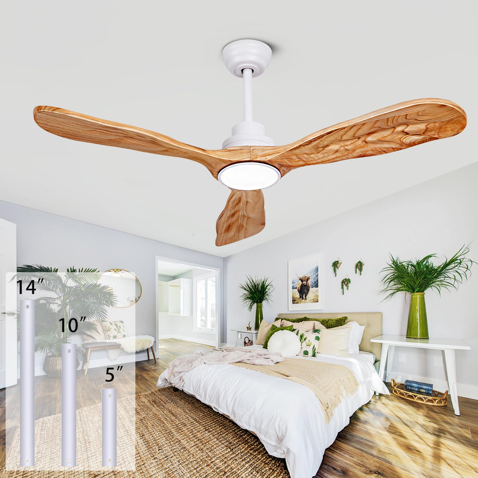 Ceiling Fans with Lights and Remote,52 Inch Unique Wood Ceiling Fan with Noiseless Reversible DC Motor,3 Blades,3 Downrods, for Farmhouse,Patio Living Room,Bedroom,Office,Indoor Outdoor(White+Wood)