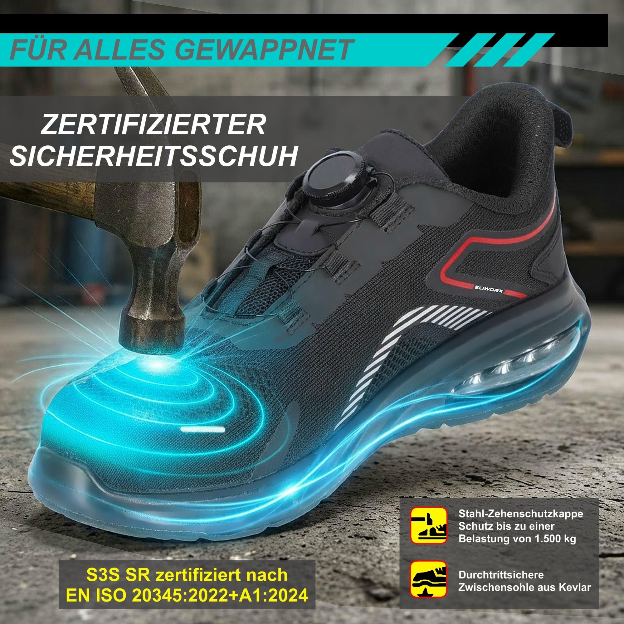 Zapatos de seguridad para hombre S3S SR según la norma EN ISO 20345:2022+A1:2024 con cierre rápido – Twister – Con puntera de acero, plantilla extraíble, antideslizante
