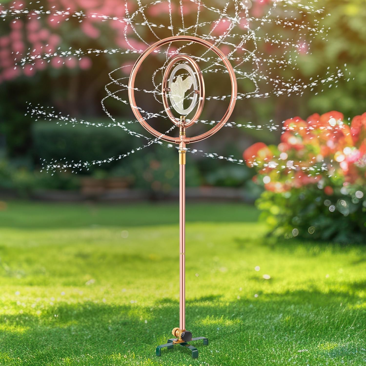 34" H Copper Coated Stainless Steel Ornamental Sprinkler, Corrosion Resistant Garden Rotating Sprinkler 360 Degree Shape Decorative for Lawn Garden Landscape(Double Ring Clear Bird)