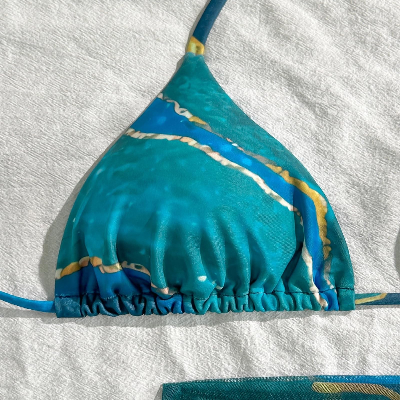 Bikini Donna Blu Marmo Stampa 3 Pezzi Set Triangolo Costume da Bagno con Gonna-Blue-s