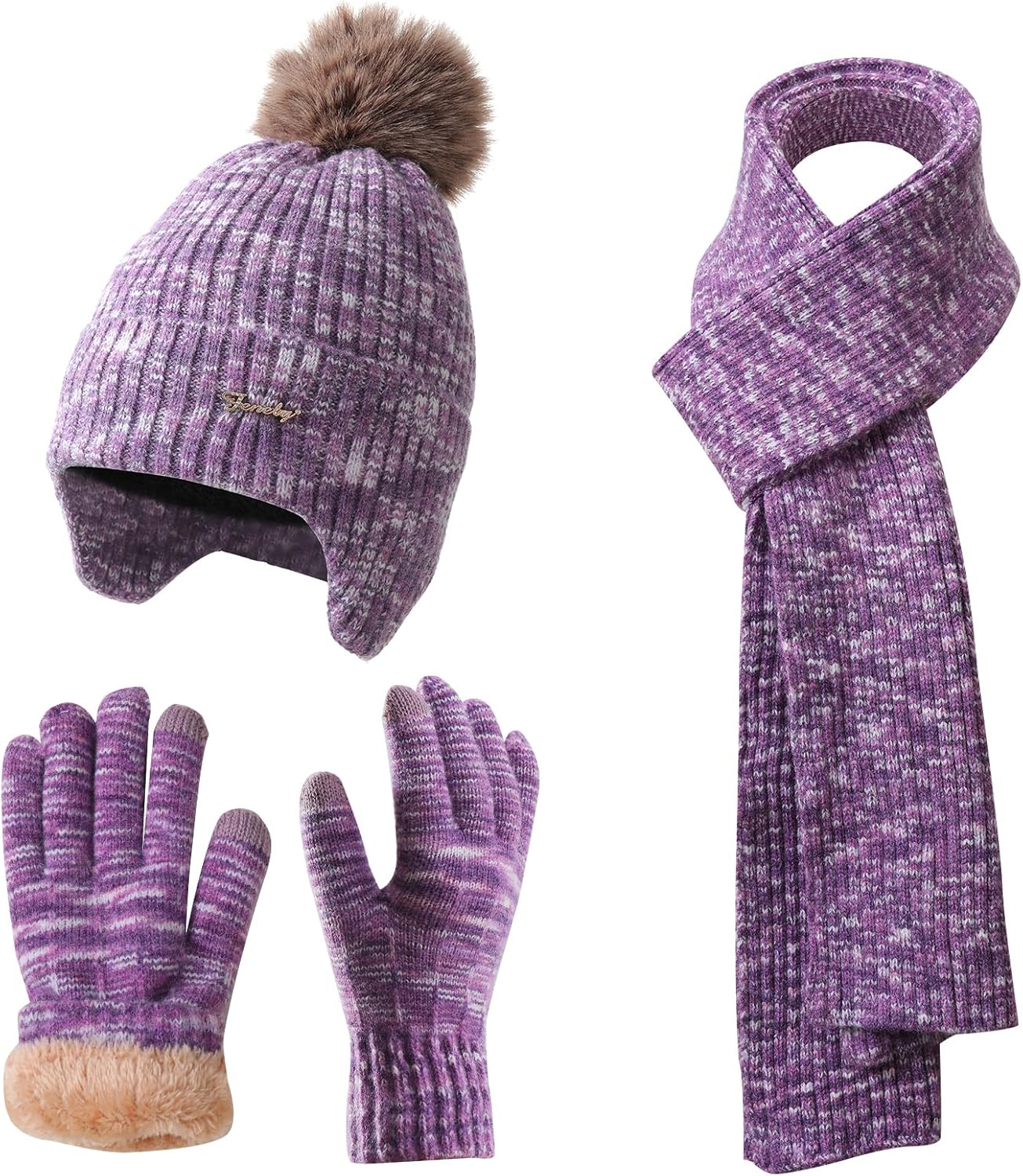 Winter Beanie Hat Scarf Gloves Set for Women, Classic Beanie with Removable Pom Pom Long Scarf Touchscreen Gloves 3 in 1 Set