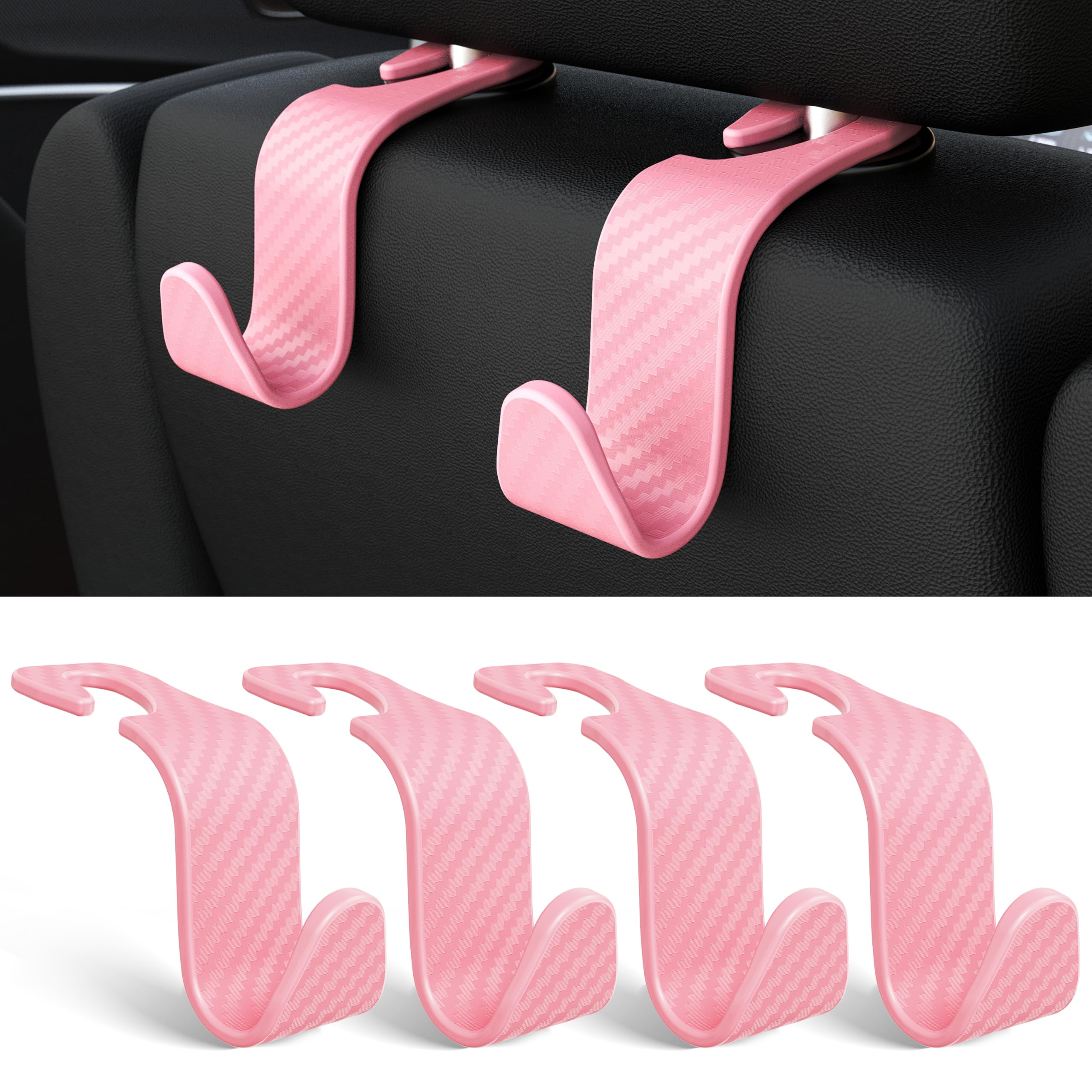 Amooca Car Seat Headrest Hook 4 Pack Hanger Universal Vehicle Car Storage Organizer for Handbag Purse Coat S Type Checkered Pink