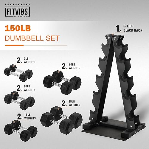 Miniatura 2 de Fitvids Rubber Coated Hex Dumbbell Weight Set and Storage Rack, 100LB Set or 150LB Set, 5-20 lbs Pairs or 5-25 lbs Pairs