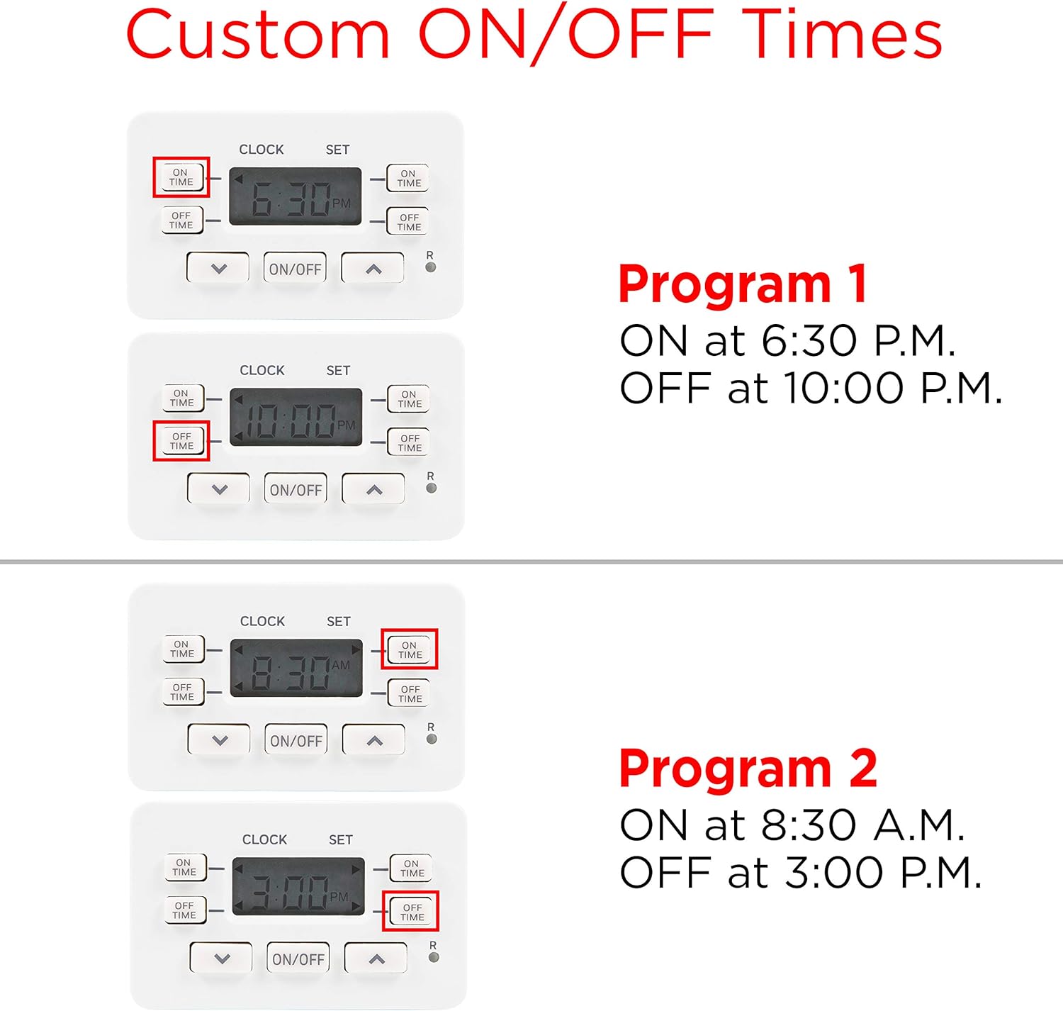 Examples of setting custom ON/OFF times for Program 1 and Program 2 on the UltraPro Digital Timer.