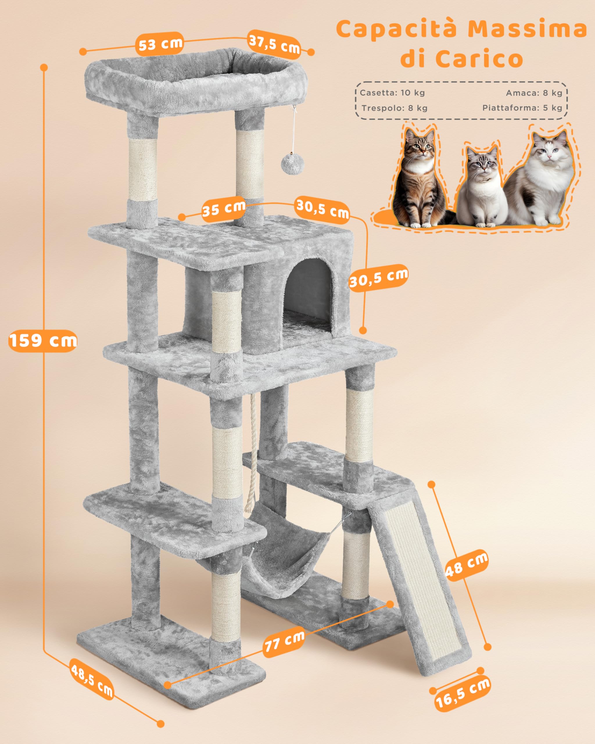 Yaheetech Albero Tiragraffi per Gatti 159,5 cm in Sisal e Truciolato per Gatti Gattini di Piccola e Media Taglia con Condominio Posatoio Amaca Grigio Chiaro