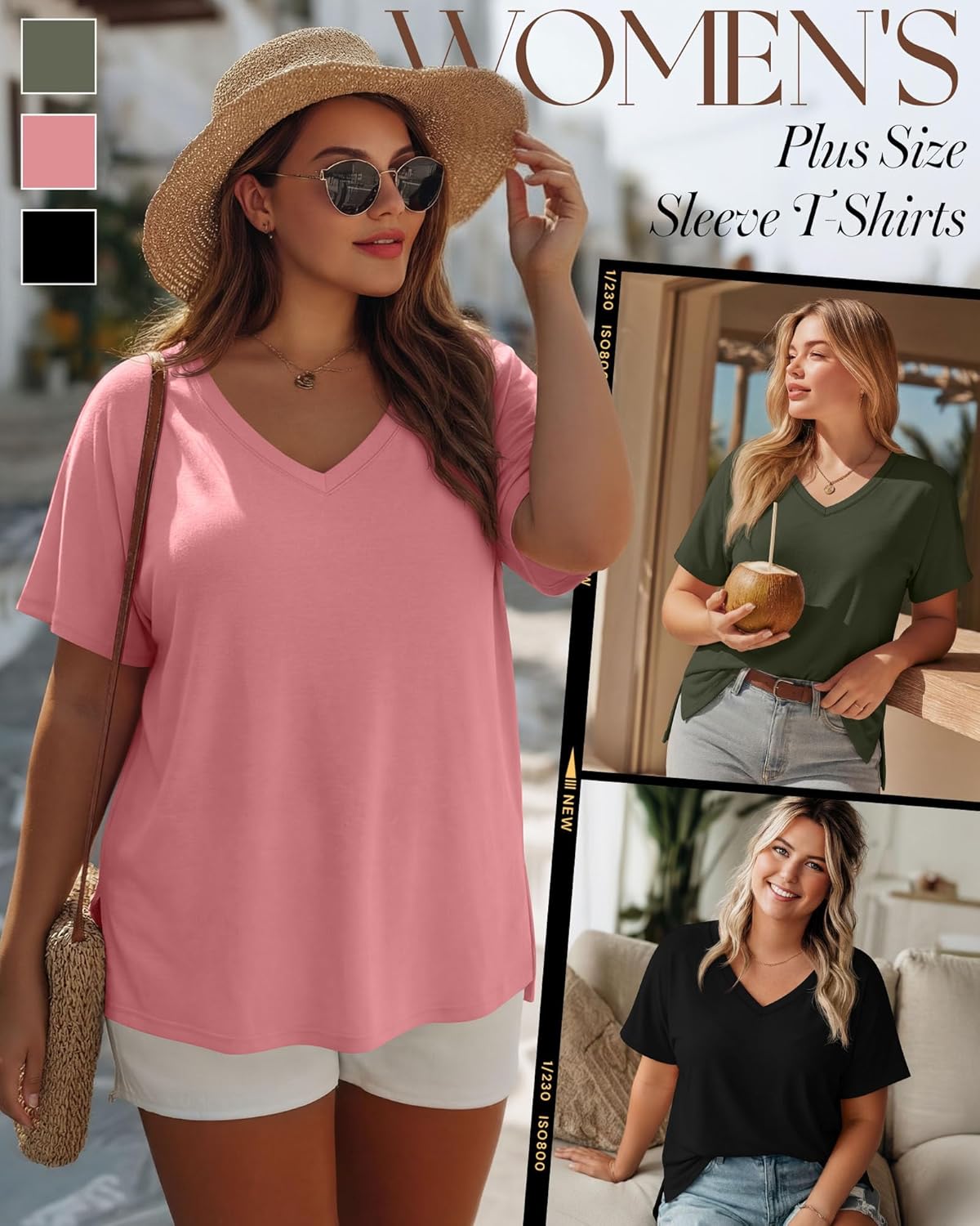 Ficerd 3 Pack Plus Size V Neck T-Shirts for Women, Short Sleeve Split Side High Low Hem Tunics Tops Basic Summer Tee Blouses - Image 3