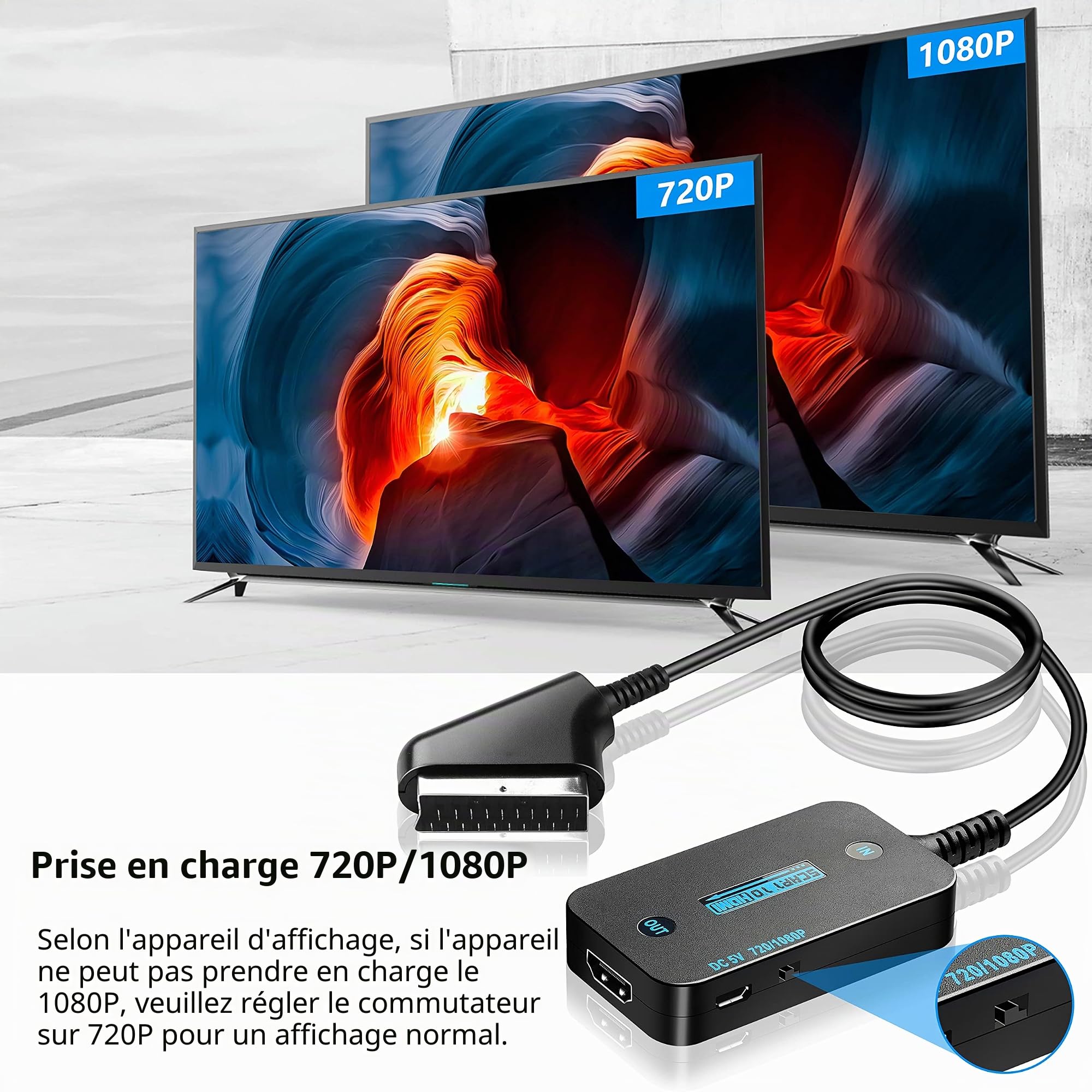 Convertisseur péritel (entrée) vers HDMI (sortie) avec câble HDMI et péritel, commutateur HD 720p/1080p pour HDTV, moniteur, projecteur, STB, VHS, Xbox, PS3