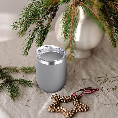 Miniatura 5 de DOMICARE - Vaso de vino de 12onzas con tapa, hecho de acero inoxidable con aislamiento al vacío de doble pared, paquete de 1 unidad, color gris