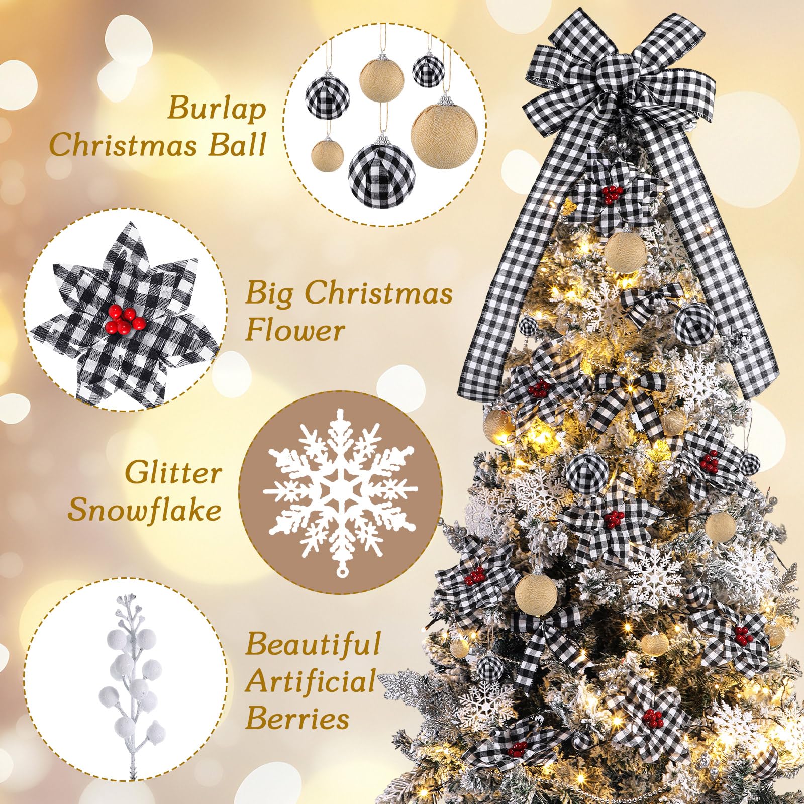Lyrow Lot de 94 décorations de sapin de Noël à carreaux de buffle - Décorations de Noël - Fleurs poinsettia - Baies pour Noël, vacances, mariage (noir et blanc)