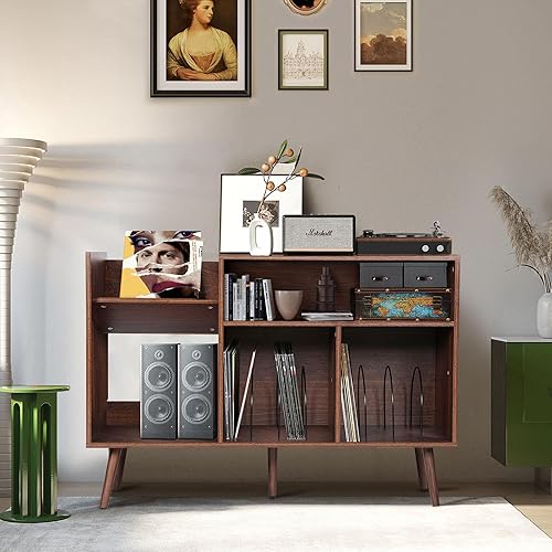 Soporte grande para tocadiscos, mesa de almacenamiento de discos de vinilo de mediados de siglo con patas de madera y almacenamiento de discos,