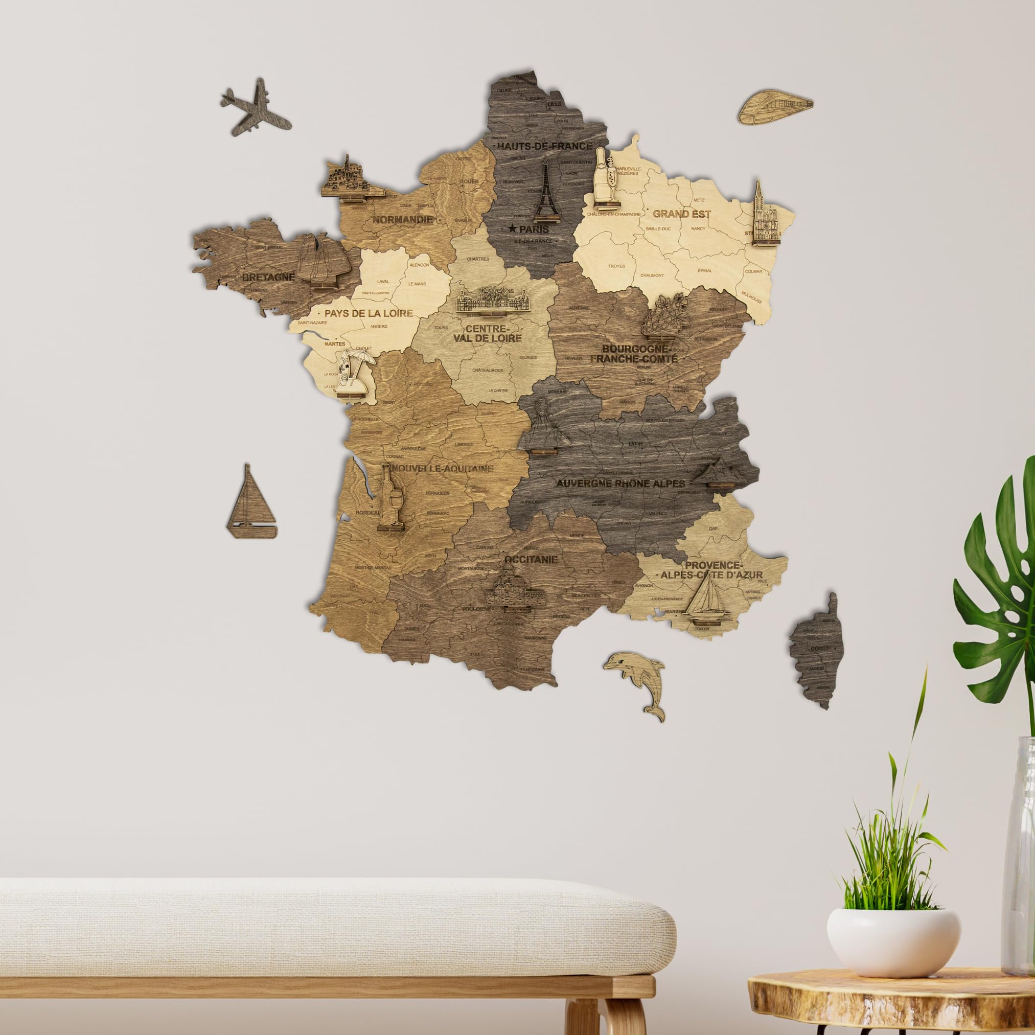 Carte du monde en bois 2D pour décoration murale - Mappemonde en Bois - Art mural - Pour salon, bureau ou chambre (Multicolor, 51L x 50 cm)