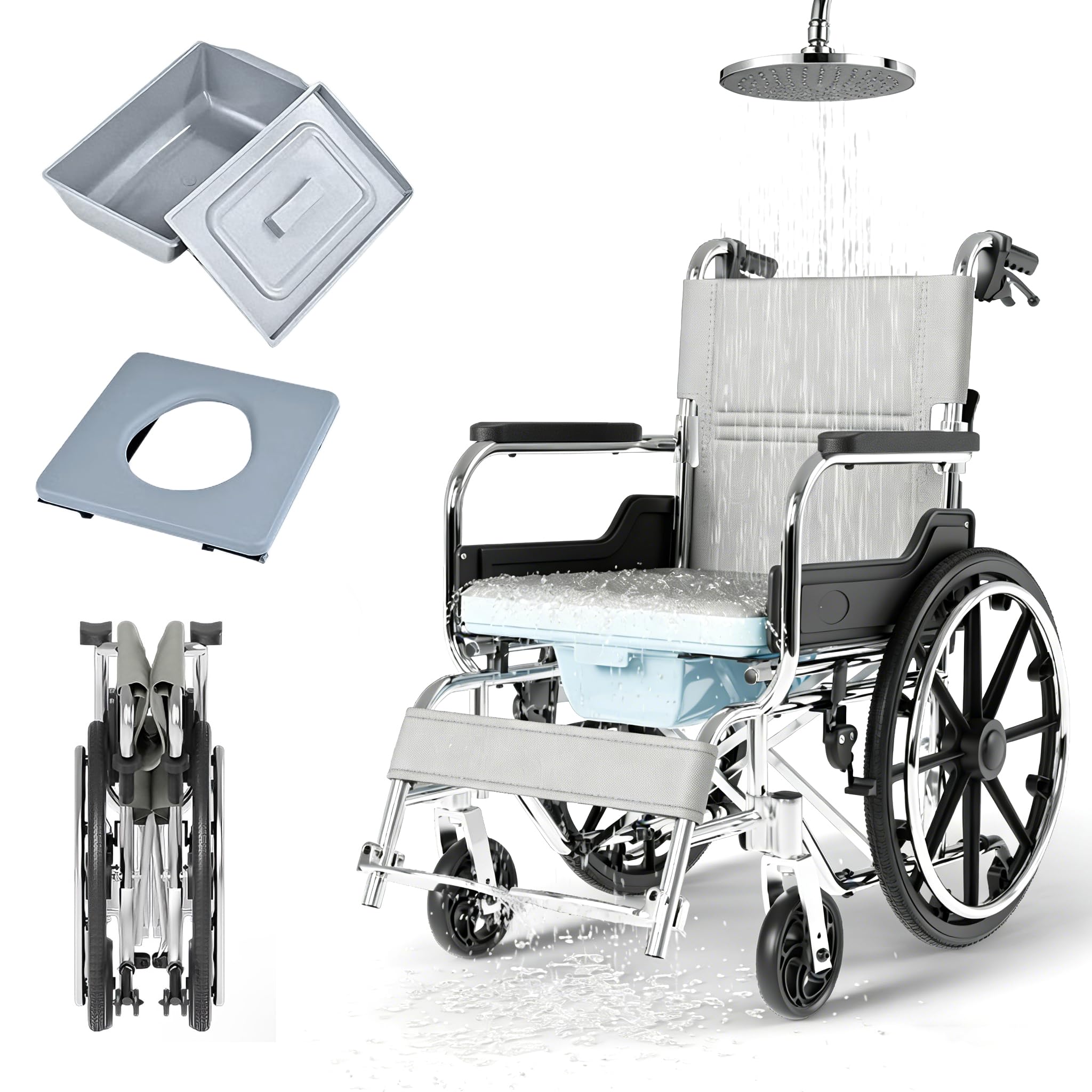 Shower Wheelchair,4-in-1 Commode Wheelchair for Seniors, Disabled,Foldable Transport Wheelchairs with Dual Brakes,Leather Seat Self Propelled Chair