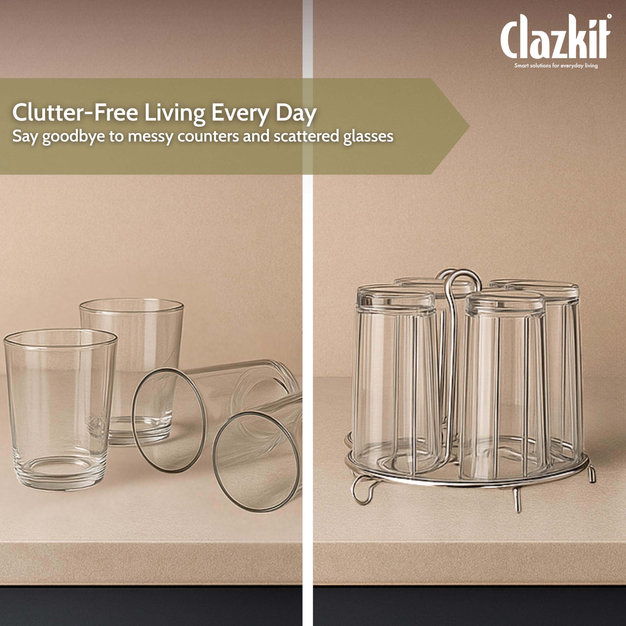 Clazkit Stainless Steel Glass Holder for 6 Glasses, Glass Stand Steel for Dining Table/Kitchen, Tumbler Holder, Pull-Out Countertop Shelves Heavy Duty - SILVER — Amazon image 6