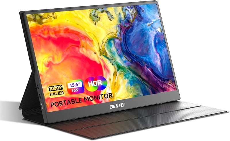 Monitor portátil de 15,6 pulgadas, FHD 1080P HDMI USB-C, pantalla para juegos, pantalla IPS HDR ultradelgada con cubierta inteligente y parlantes, monitor externo Plug & Play para portátiles, PC, teléfonos, tabletas, PS5/4, Xbox Switch
