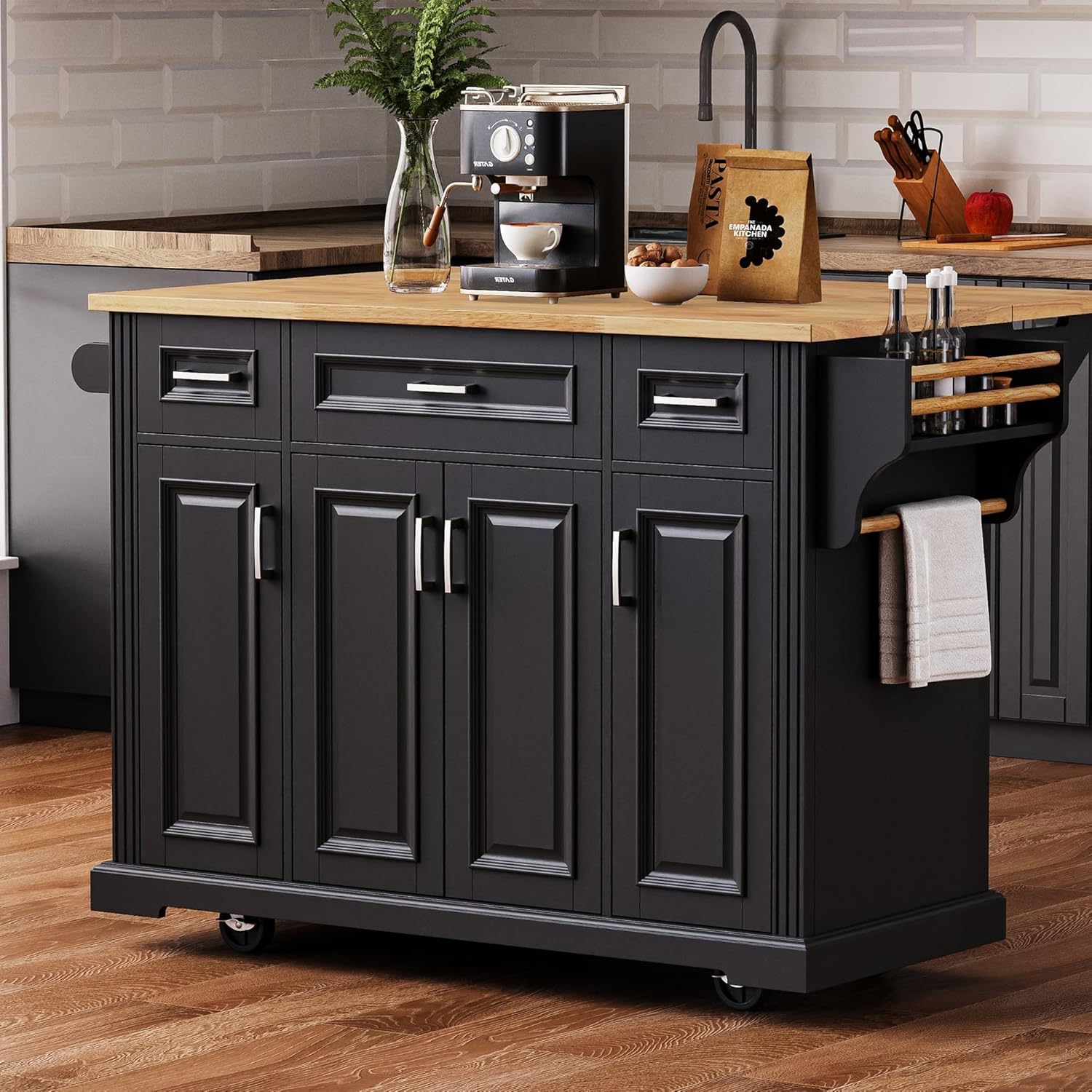 Large Kitchen Island with Oak Veneer Top Drop Leaf, 54" Rolling Kitchen Storage Cart on Wheels with Embossed Texture, 2-Door Cabinet, 5 Drawers, Spice Rack & Towel Rack for Dining Room, Black