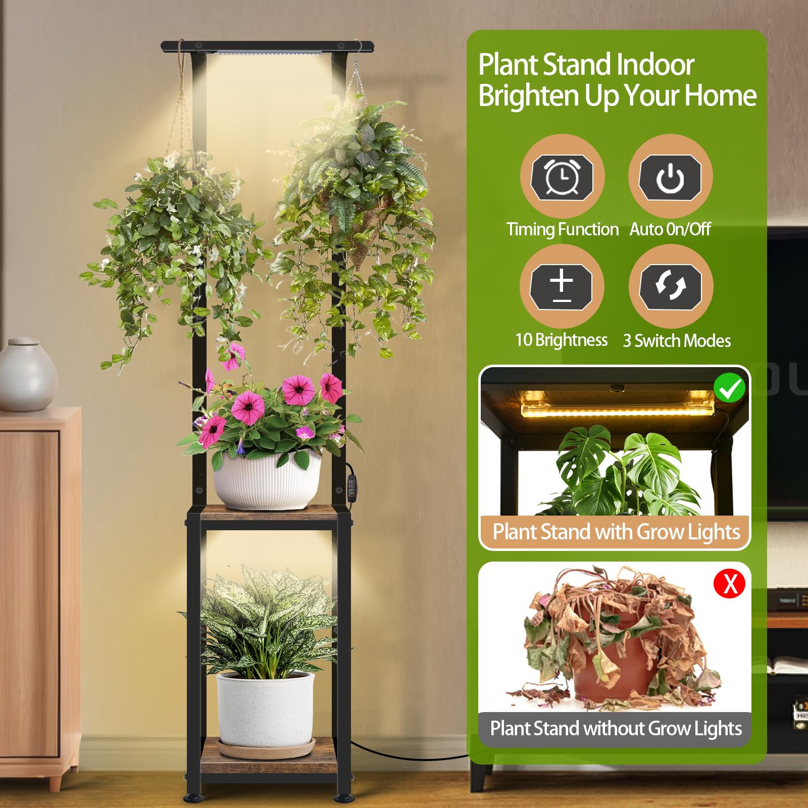 Amazon.com: Plant Stand Indoor with Grow Lights, Hanging Plant Stand Plant  Shelf Indoor, 65'' Tall Plant Stands Plant Holders for Indoor Plants,  Living Room, Bedroom, Balcony : Patio, Lawn & Garden