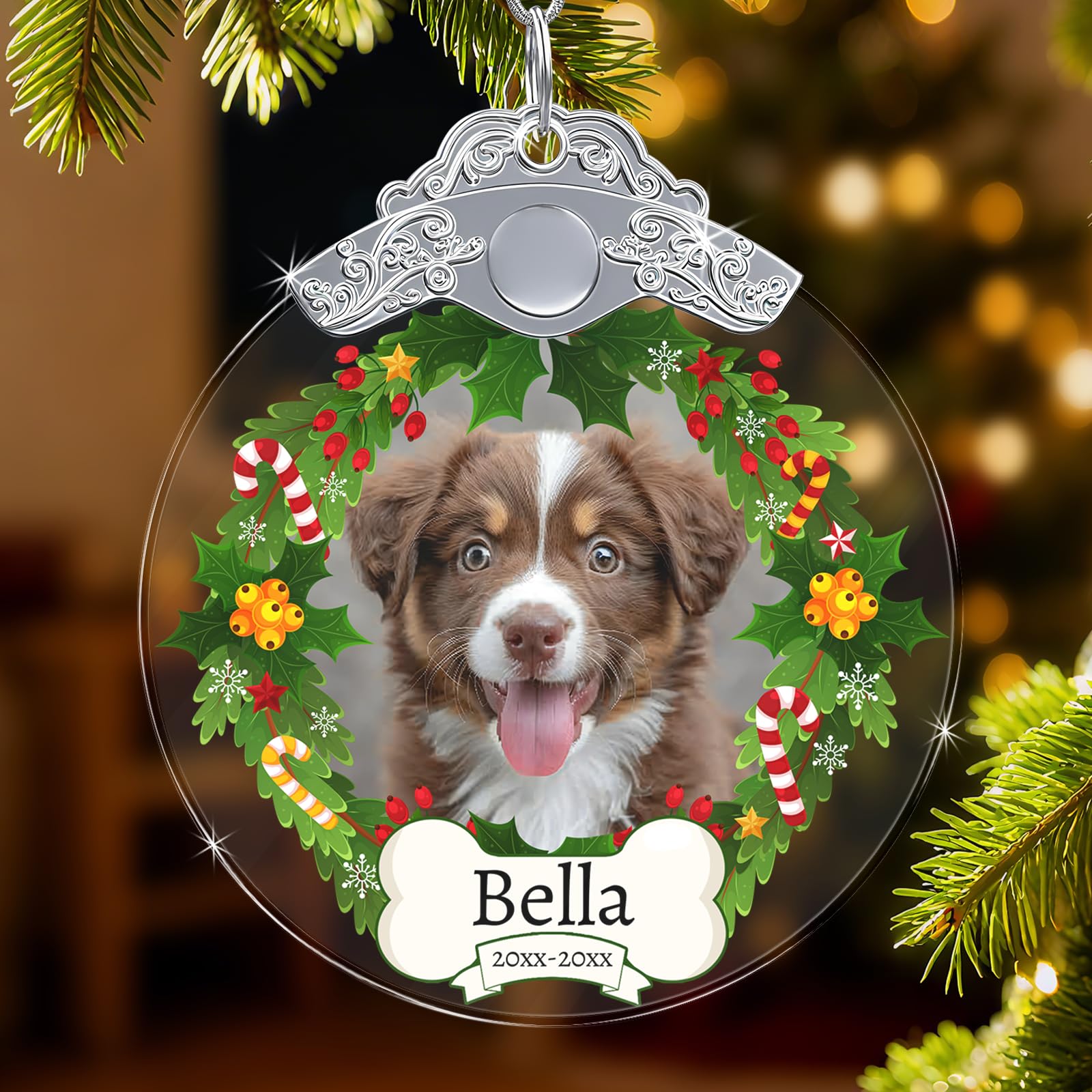Personalised Memorial Pet Glass Baubles - Custom Photo Christmas Baubles, Dog Forever in Our Hearts Tribute Gift for Dog Lovers, Pet Loss Remembrance Christmas Tree Decor