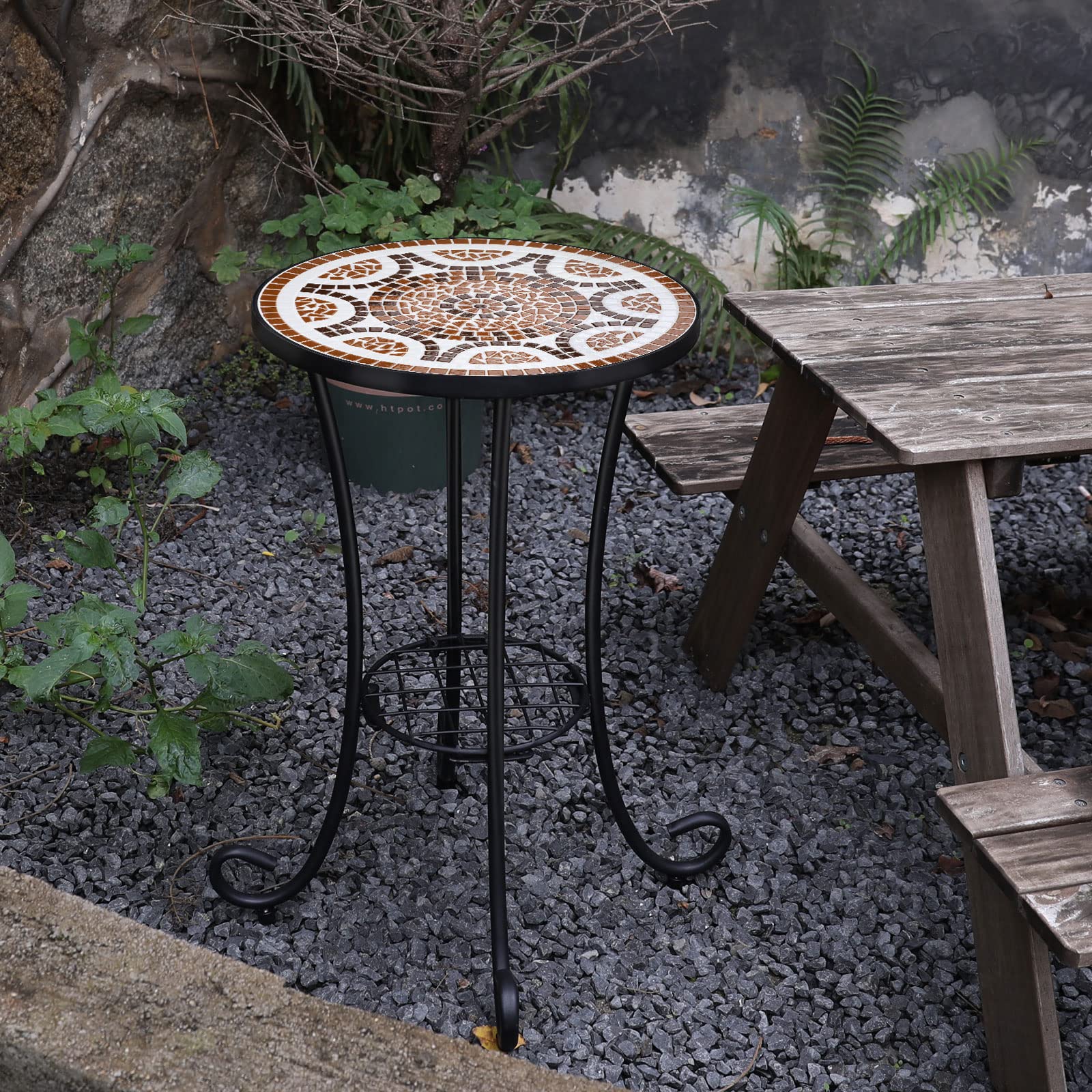 Mesa auxiliar de mosaico para exteriores, mesa de patio, mesa de decoración de mosaico, marco de metal, mesas auxiliares pequeñas, porche, playa, patio, jardín, balcón, color rojizo de 14 6