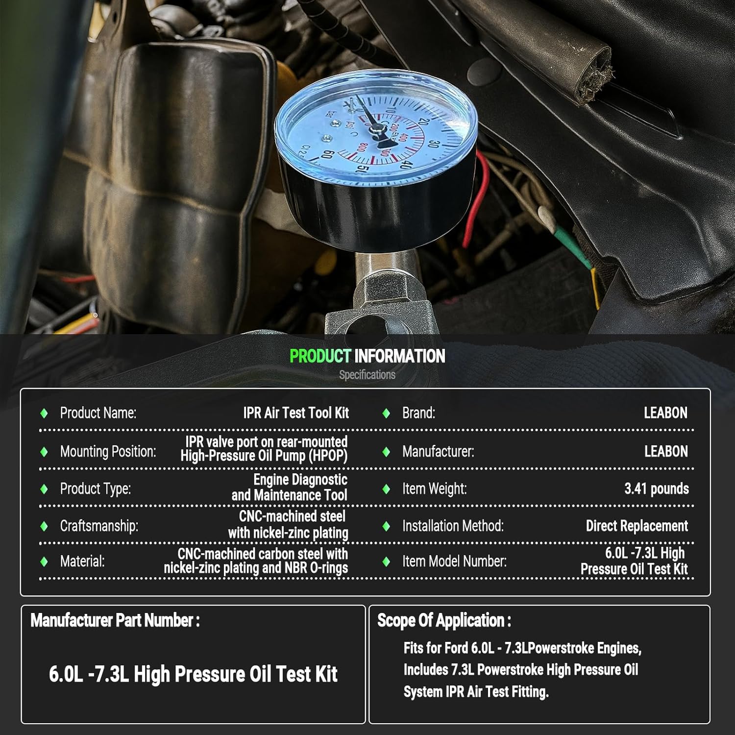 Diesel High Pressure Oil System IPR Air Test Tool Compatible with Ford 6.0L-7.3LPowerstroke Injection Pressure Regulator, IPR Air Test Tool Special Kit