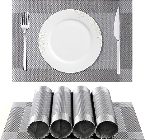 Ramkuwar Heat-Resistant Woven Vinyl Placemat, Anti-Skid Stain Washable PVC Table Mat Easy to Wipe Clean for Dinner Table Indoor Outdoor (6)