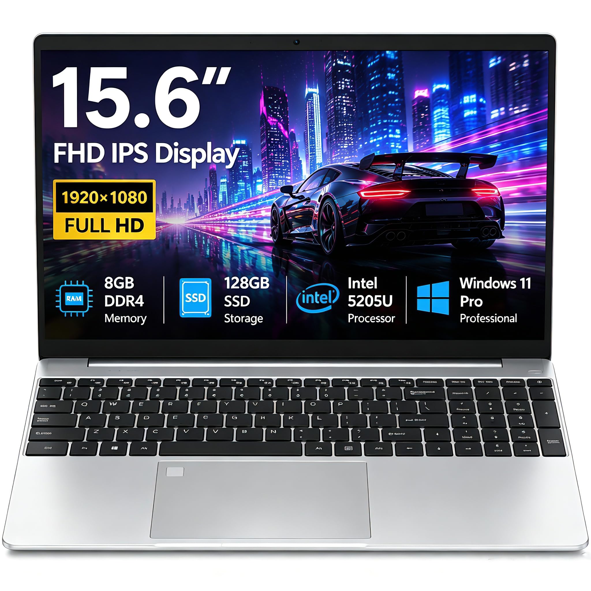 Celeron 5205U - Computer portatile FHD IPS da 15,6", RAM DDR4 da 8 GB, SSD da 128 GB, tastiera retroilluminata, Win 11, con impronte digitali Wi-Fi dual-band, notebook leggero e sottile per studenti