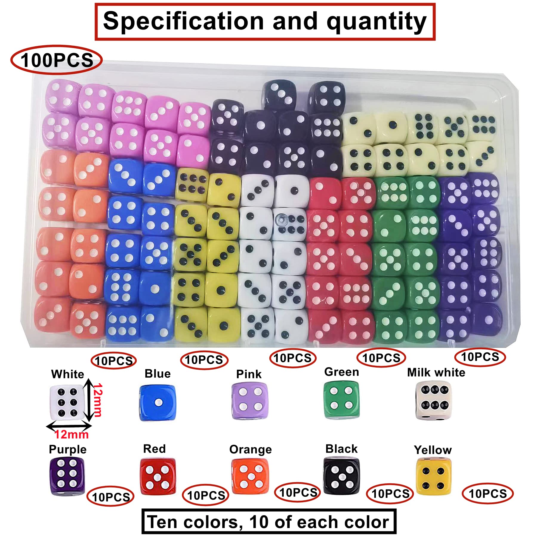 HUAZIZ 100 Pezzi Dadi 6 Facce 12mm Dadi da Gioco per enzi, Farkle, Yahtzee, Bunco or Insegnare i Matematici, 10 Colori