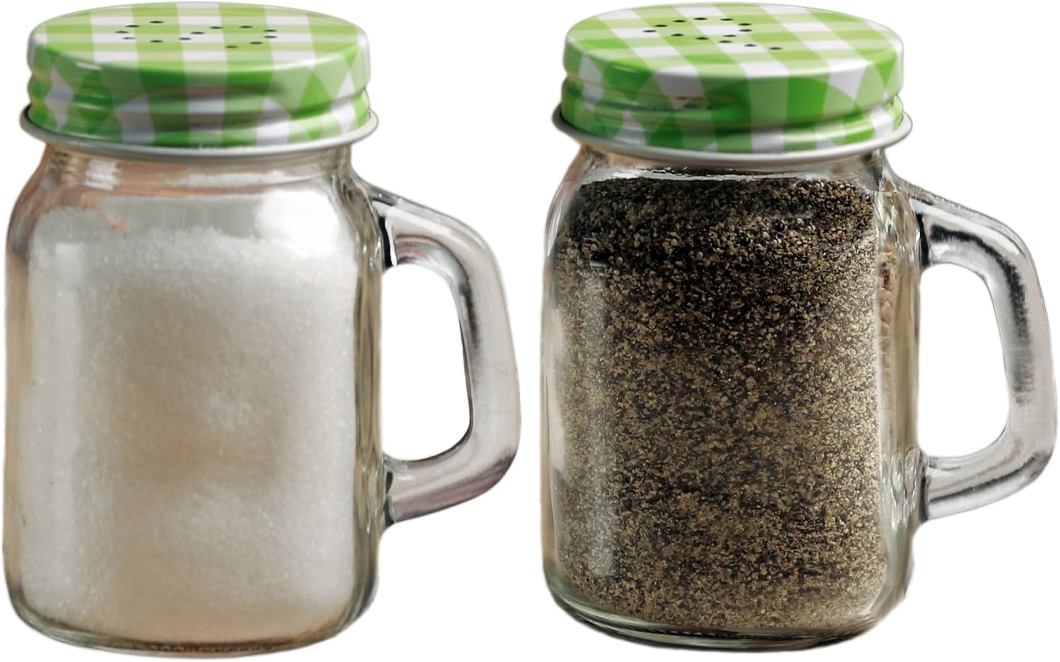 Circleware Yorkshire Mason Jar Mug Glass Salt and Pepper Shakers with Glass Handles and Green & Lids, Set of 2, 5 oz, Clear