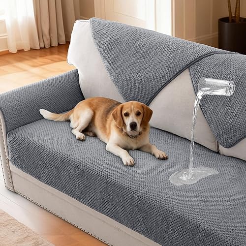 Miniatura 1 de H.VERSAILTEX Funda impermeable de felpa para sofá con correa, funda antideslizante suave para sofá de 4 cojines, funda protectora para perros,