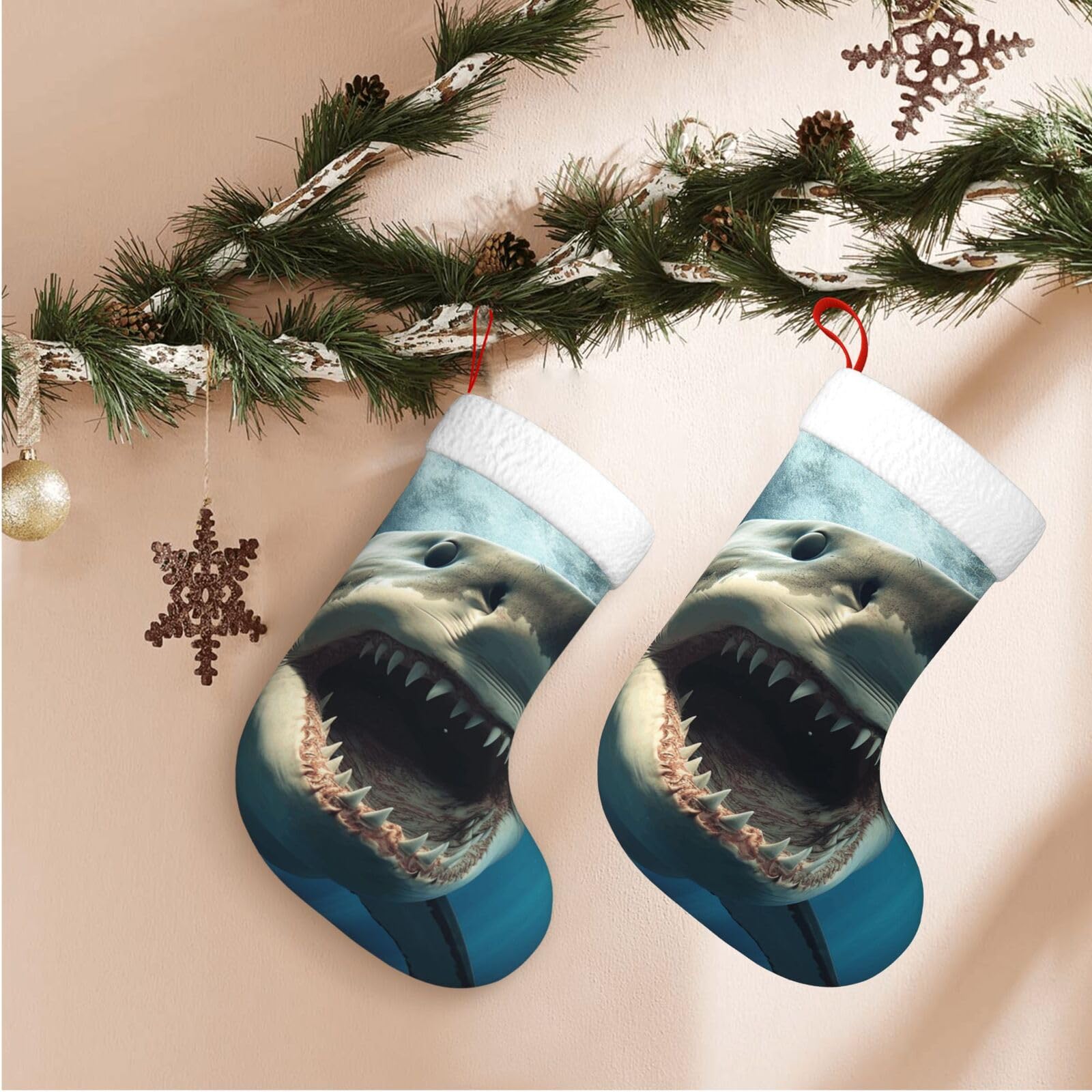 Shark Mouth Christmas Stockings Velvet Xmas Fireplace Hanging Stocking with Plush Cuff Rustic Christmas Santa Stockings for Home Christmas Decorations Party Favor Supplies