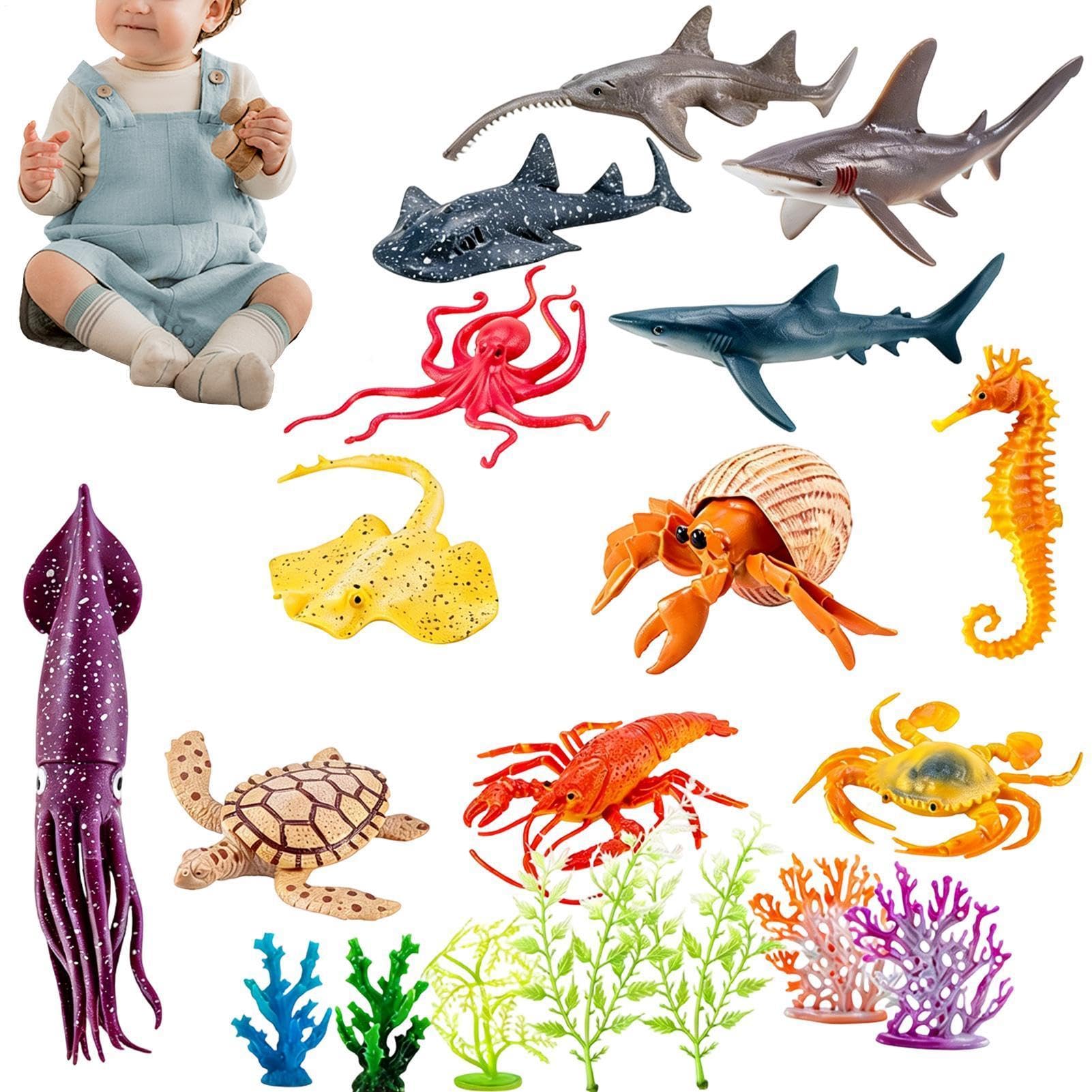 Sea Creatures Toys for Kids, Realistic Figures Interactive Playset - 21 Pieces Sea Animal Figurines - Vivid Marine Creatures, Child-Friendly Craftsmanship for Bath Water Pool Beach Desk Bedside Table