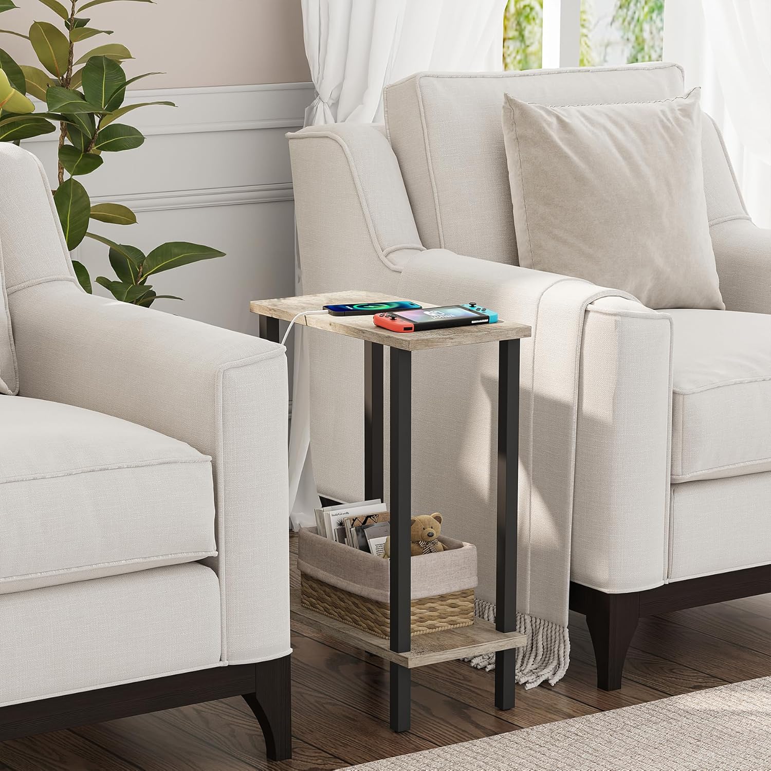 tutotak small side table, narrow end table, set of 2, skinny sofa table, slim nightstand, couch table, living room, bed room, greige tb01bg0622 2-tier?7.9"d x 15.8"w x 22.5"h? greige 2