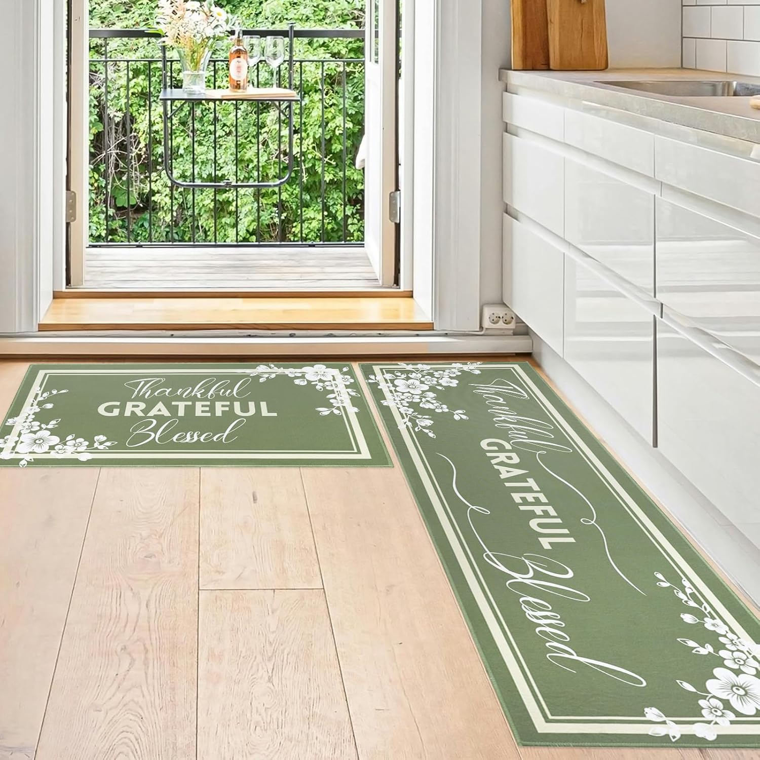 Sage Green Kitchen Mats Set Mats for Floor, Modern Runner Area Rug Floor Mat, 17x30 and 17x47 Inches, Farmhouse Boho Green Kitchen Decor and Accessories, Flower with Words