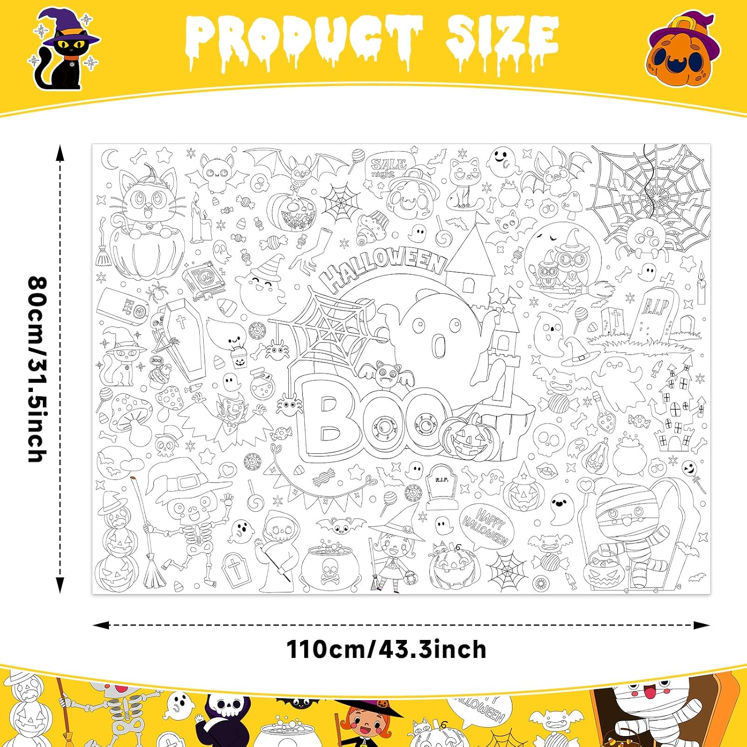 Naozinebi Kids Halloween BOO Coloring Poster Giant Coloring Poster Large Color Tablecloth Sheets Page Jumbo Books for Wall Classroom Home Birthday Party Supplies Decorations Favor