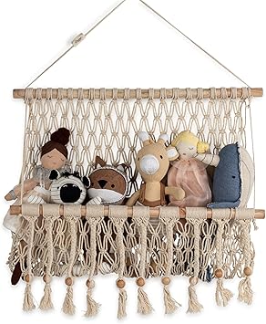 Crane Baby Macrame Hanging Storage Bin for Nursery, Boho Baby Decor, Baby Toy Hanging Basket Wall Storage, Bohemian Macrame Nursery Decor, 16" W X 22" H