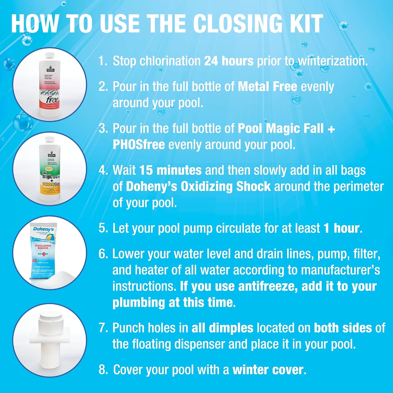 Doheny's Master Pool Closing Kit, Winterizing Chemicals for Swimming Pools, Includes Ultimate Kit, Natural Chemistry, Stain and Scale Preventer, Oxidizing Tablets, Shock, Treats up to 35,000 Gallons