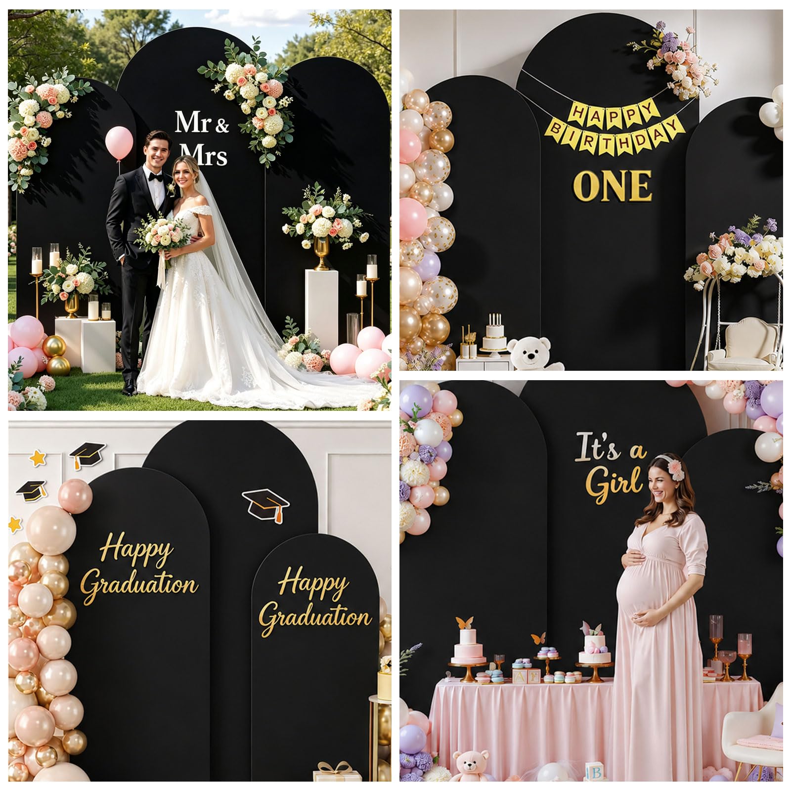 Arc de fond - Toile de fond double face avec dessus rond, fond photo pour mariage, anniversaire, cérémonie, fête et banquet (noir, lot de 3)